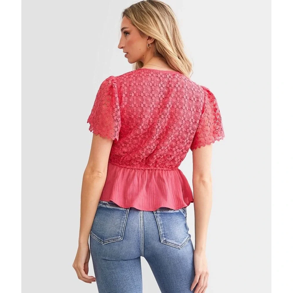 Daytrip Women's Crochet Peplum Top Honeysuckle Pink Size‎ Small Summer Boho - Picture 2 of 6